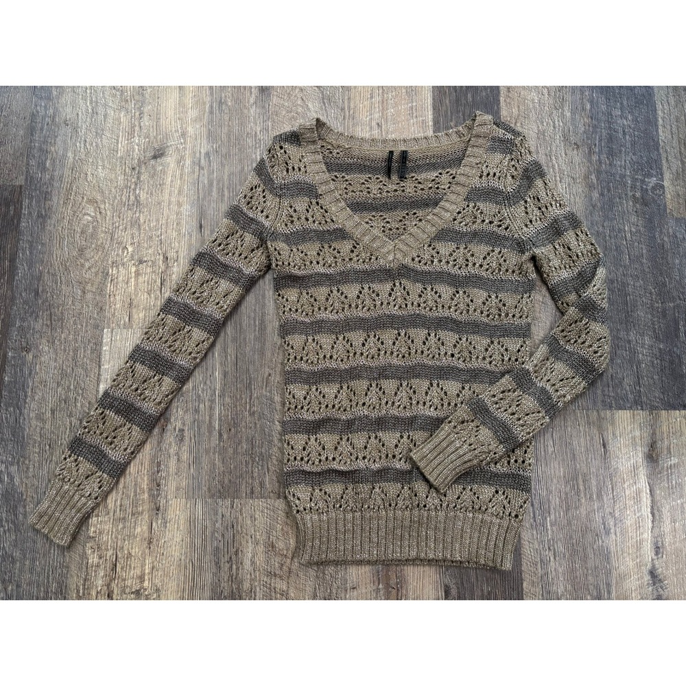 Guess Los Angeles Metallic Striped Pointelle Knit V-Neck Sweater Small